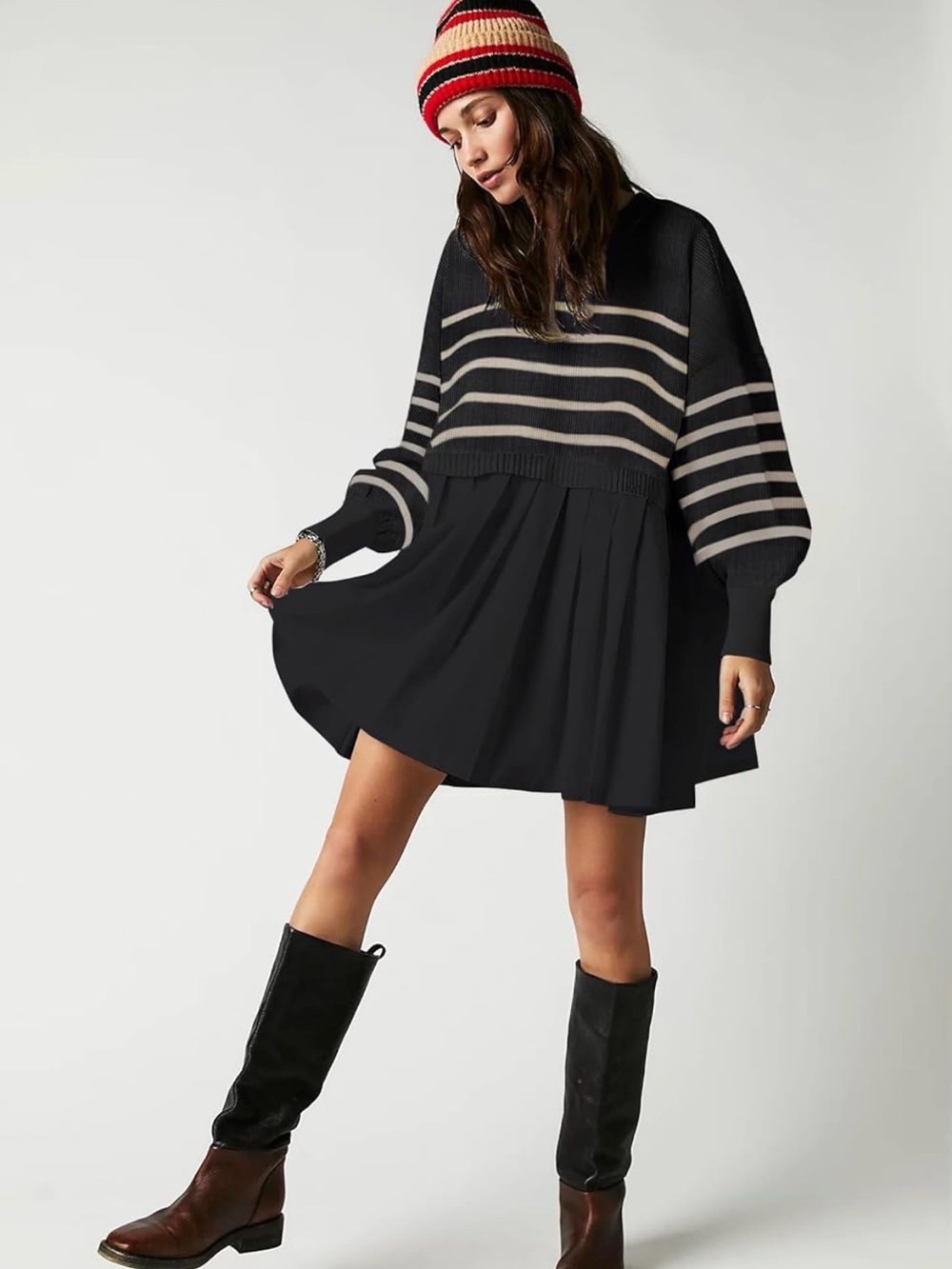 Black Striped Sweater Dress - Women's Casual Pullover Dress